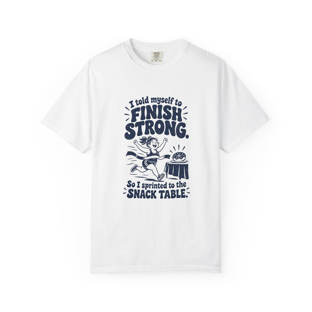 Finish Strong – Funny Running T-Shirt – White – Bad Advice Club product mockup