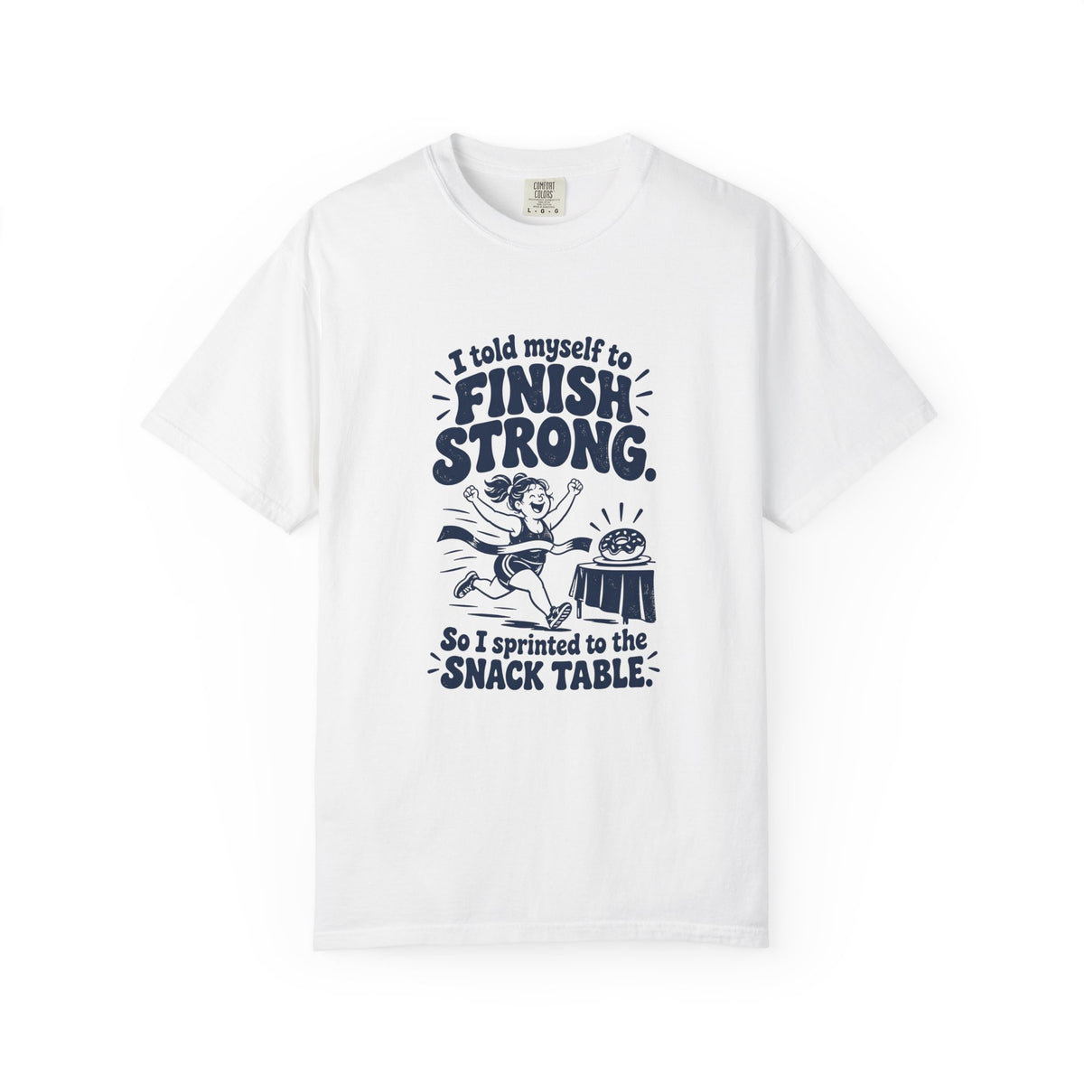 Finish Strong – Funny Running T-Shirt – White – Bad Advice Club product mockup