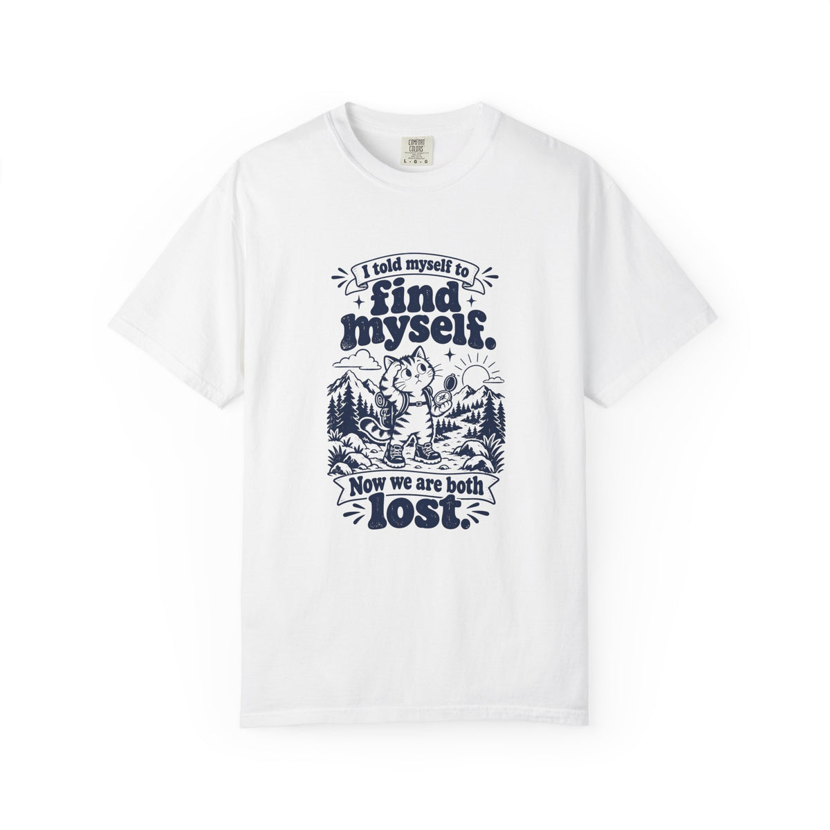 Find Myself – Funny Outdoor Escapes T-Shirt – White – Bad Advice Club product mockup