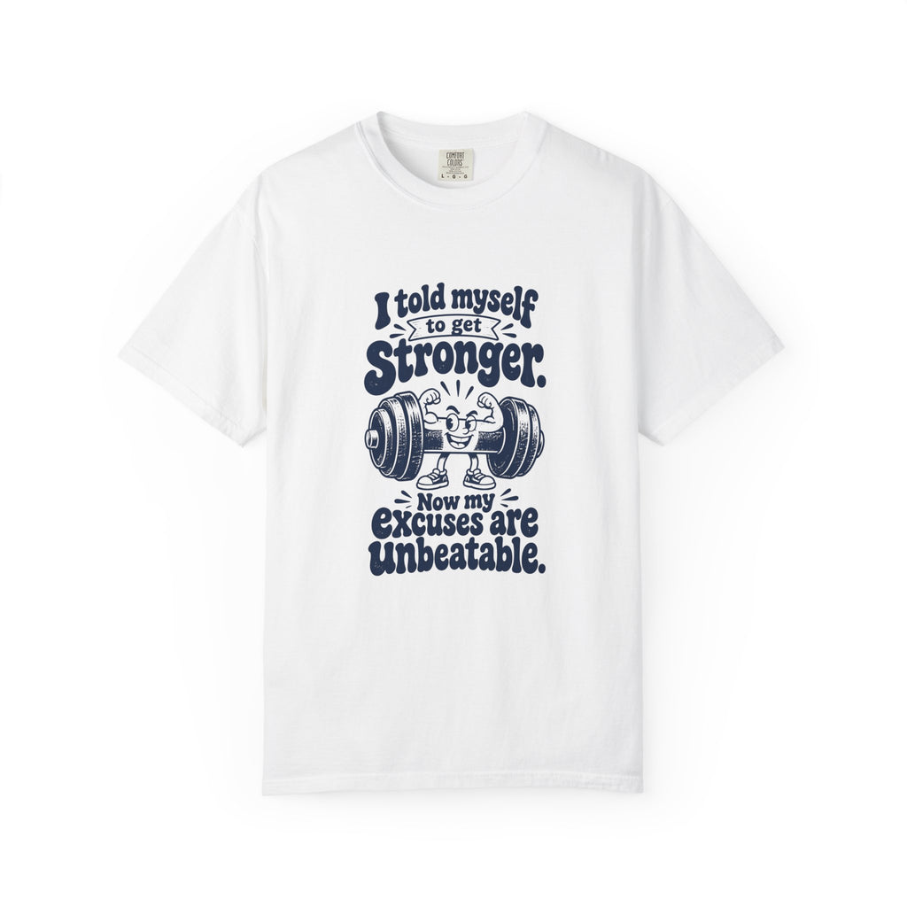 Stronger Excuses – Funny Gym & Fitness T-Shirt – White – Bad Advice Club product mockup