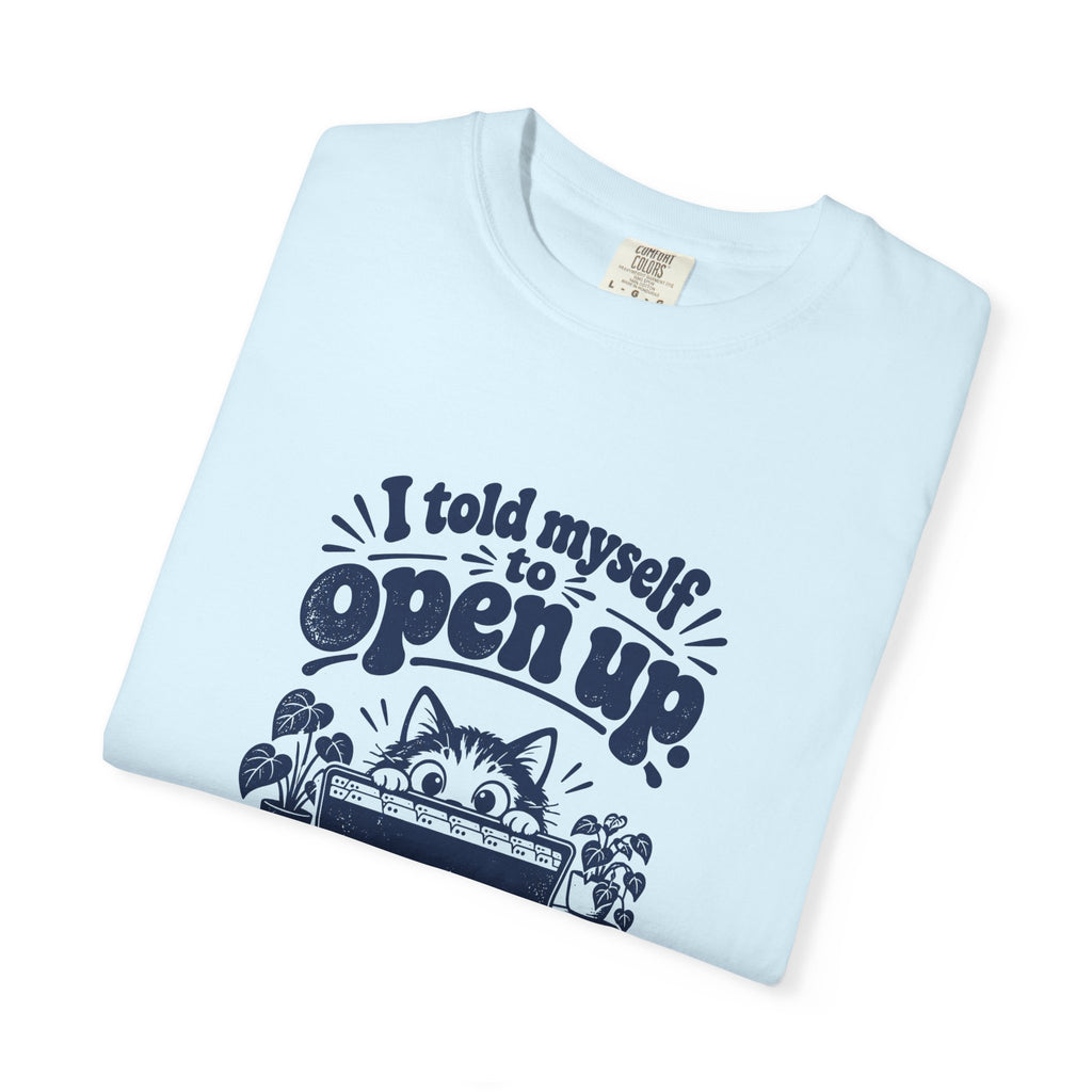 Open Up – Funny Social Battery T-Shirt – Bad Advice Club product mockup