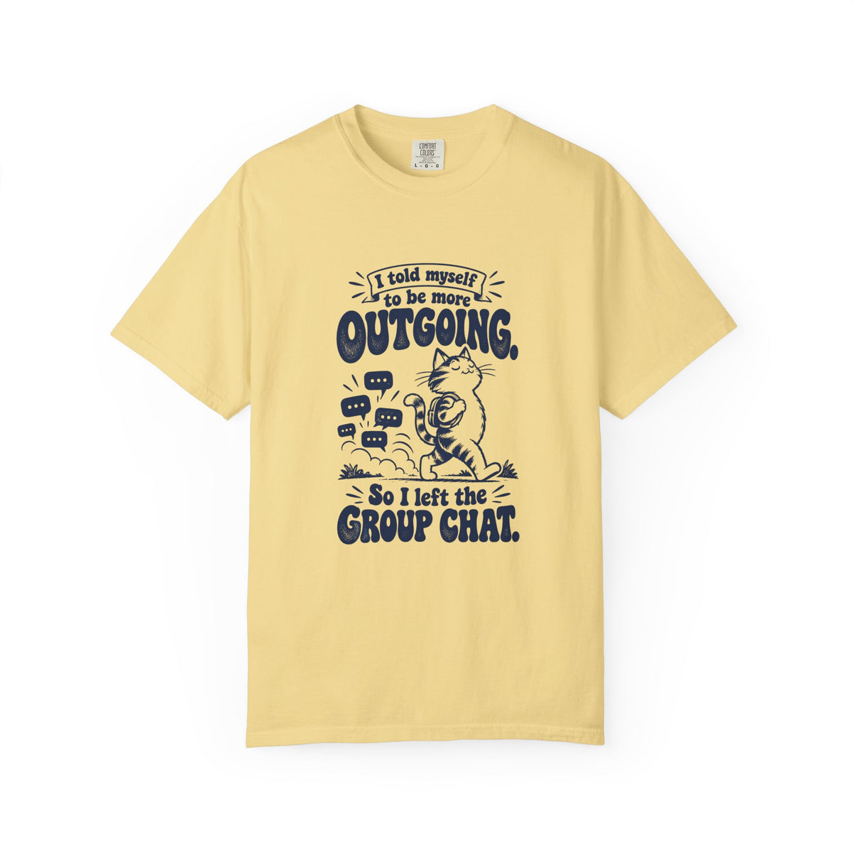 More Outgoing – Funny Social Battery T-Shirt – Butter – Bad Advice Club product mockup