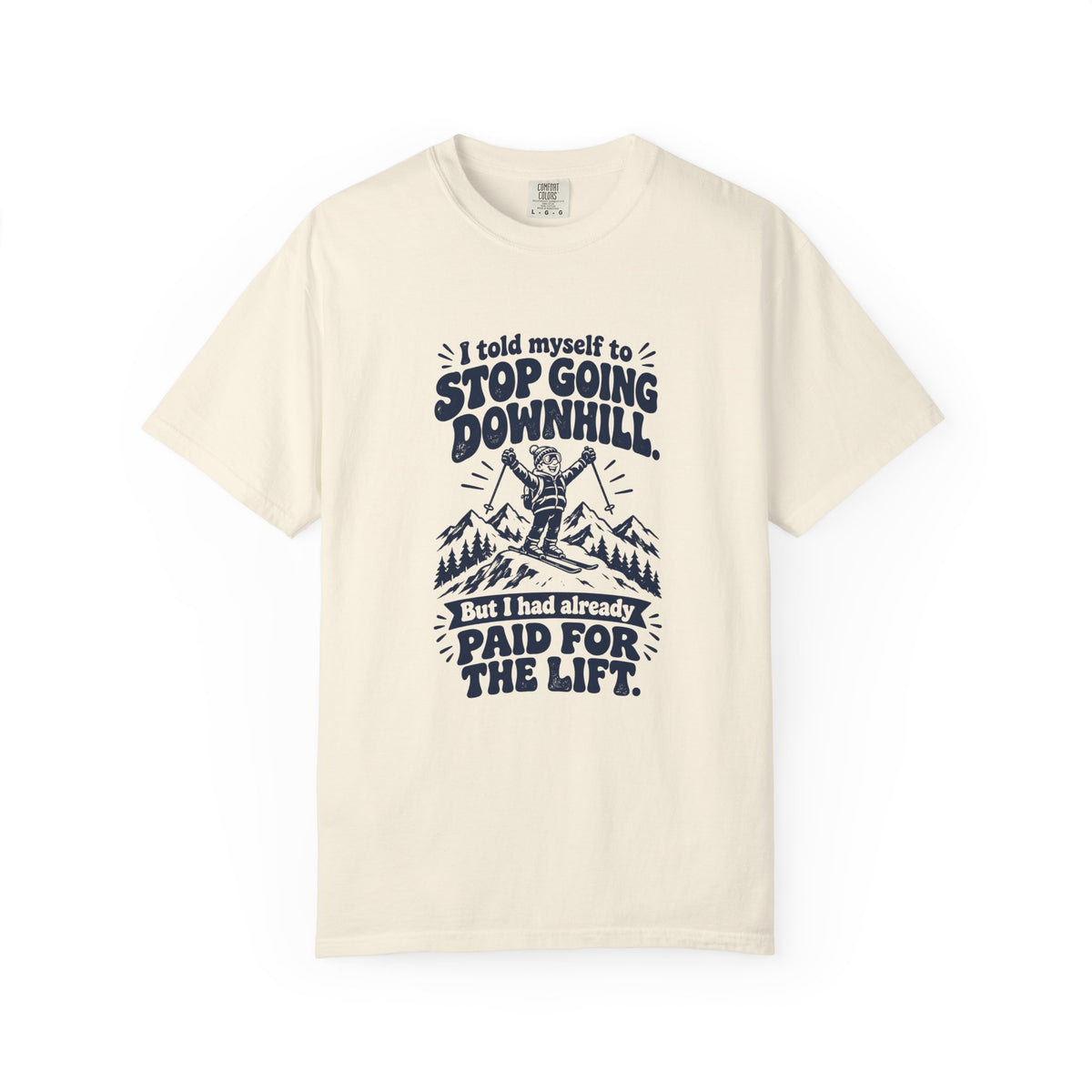 Going Downhill – Funny Ski & Snow T-Shirt – Ivory – Bad Advice Club product mockup