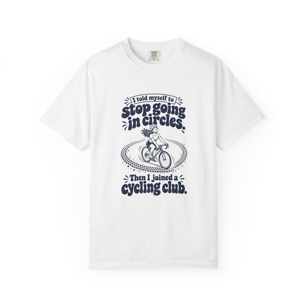 Going in Circles – Funny Cycling T-Shirt – White – Bad Advice Club product mockup