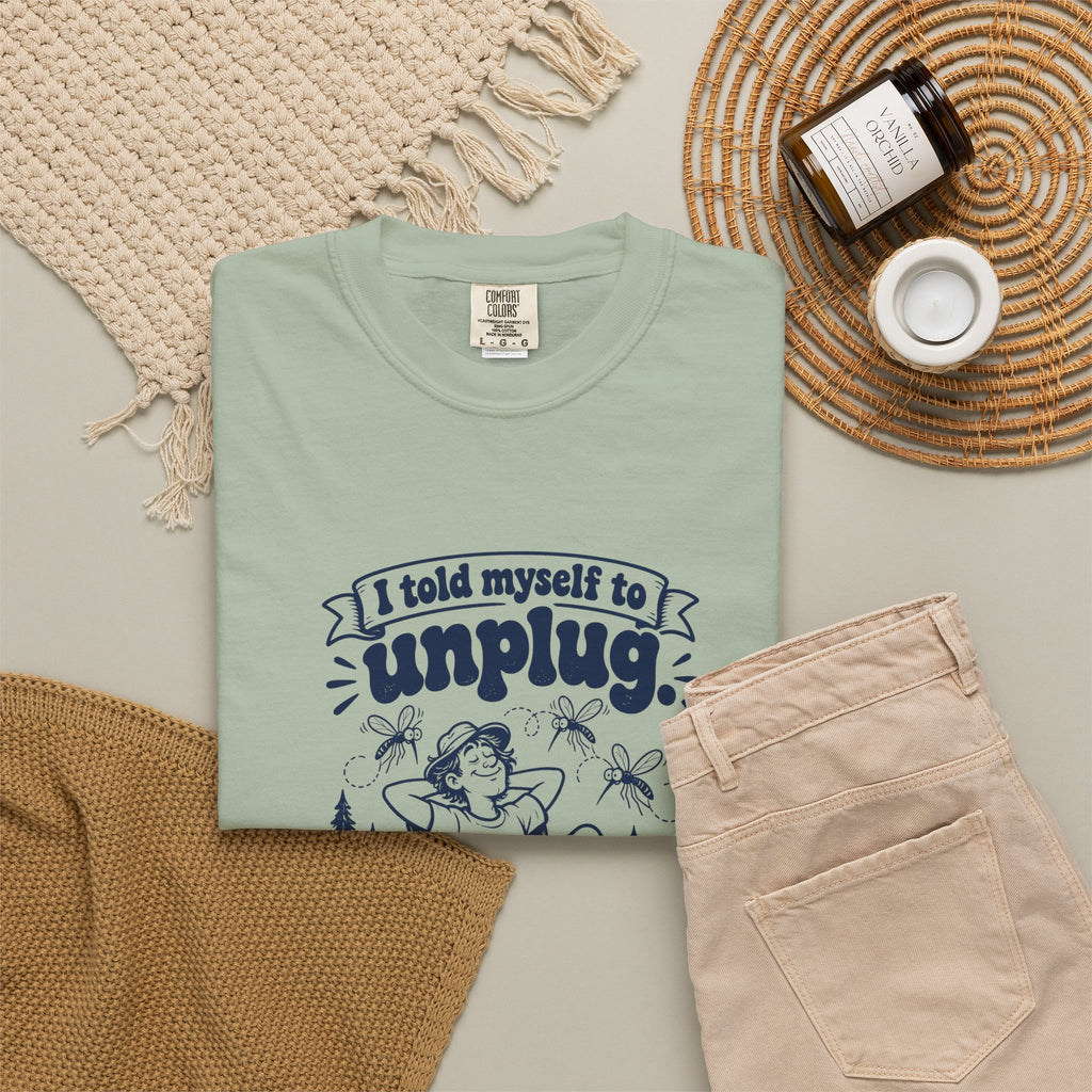 Unplug – Funny Outdoor Escapes T-Shirt – Bad Advice Club product mockup