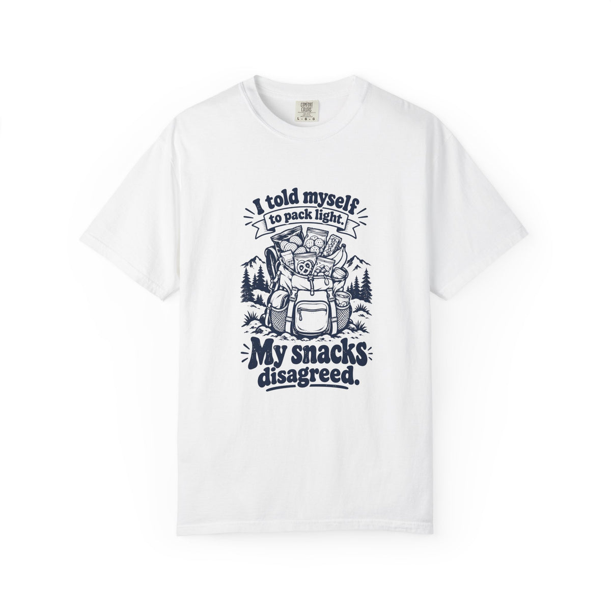 Pack Light – Funny Outdoor Escapes T-Shirt – White – Bad Advice Club product mockup