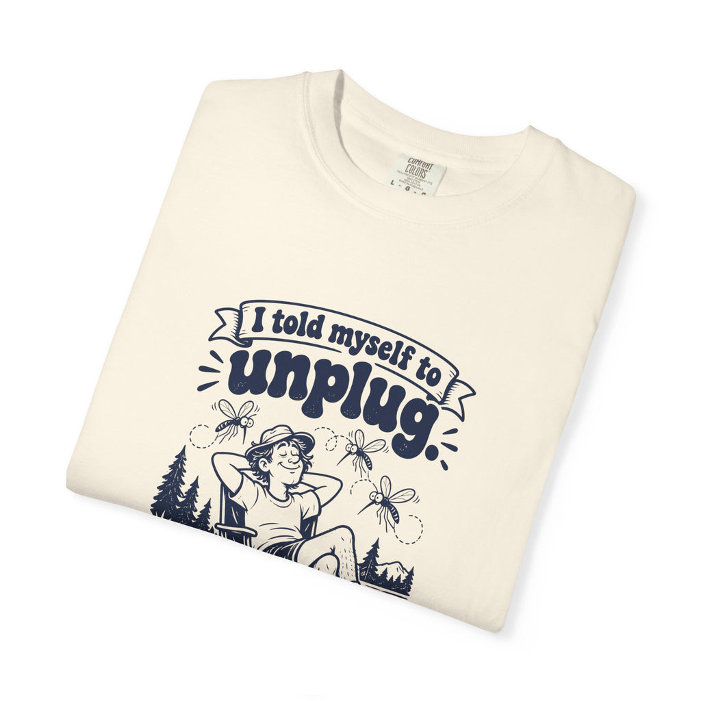 Unplug – Funny Outdoor Escapes T-Shirt – Bad Advice Club product mockup