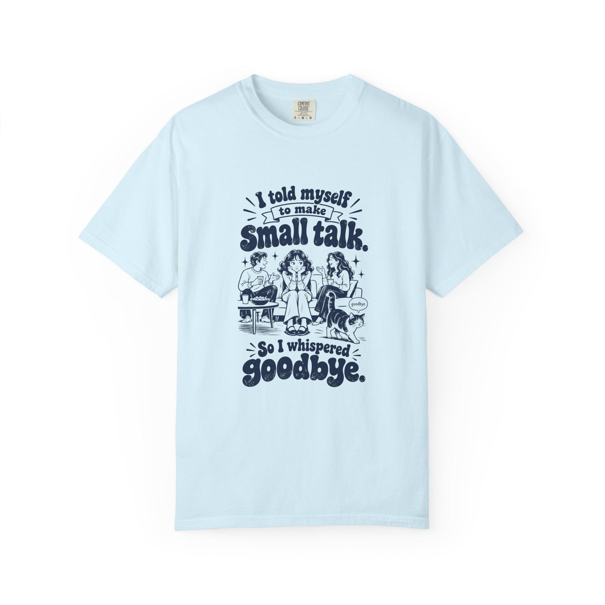 Small Talk – Funny Social Battery T-Shirt – Chambray – Bad Advice Club product mockup