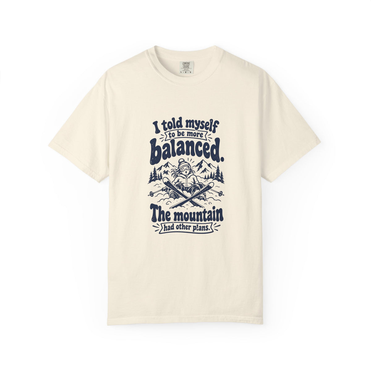 More Balanced – Funny Ski & Snow T-Shirt – Ivory – Bad Advice Club product mockup