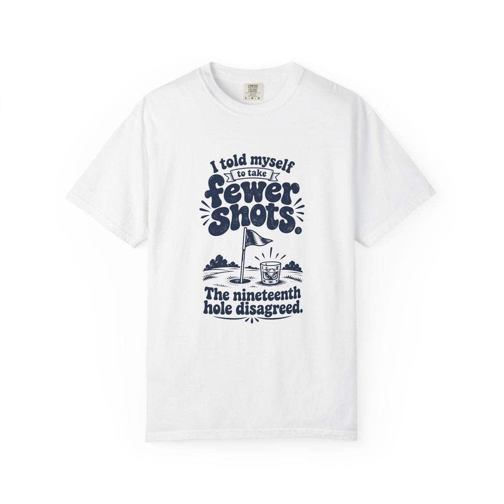 Fewer Shots – Funny Golf T-Shirt – White – Bad Advice Club product mockup