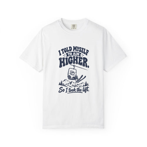 Aim Higher – Funny Ski T-Shirt – White – Bad Advice Club product mockup